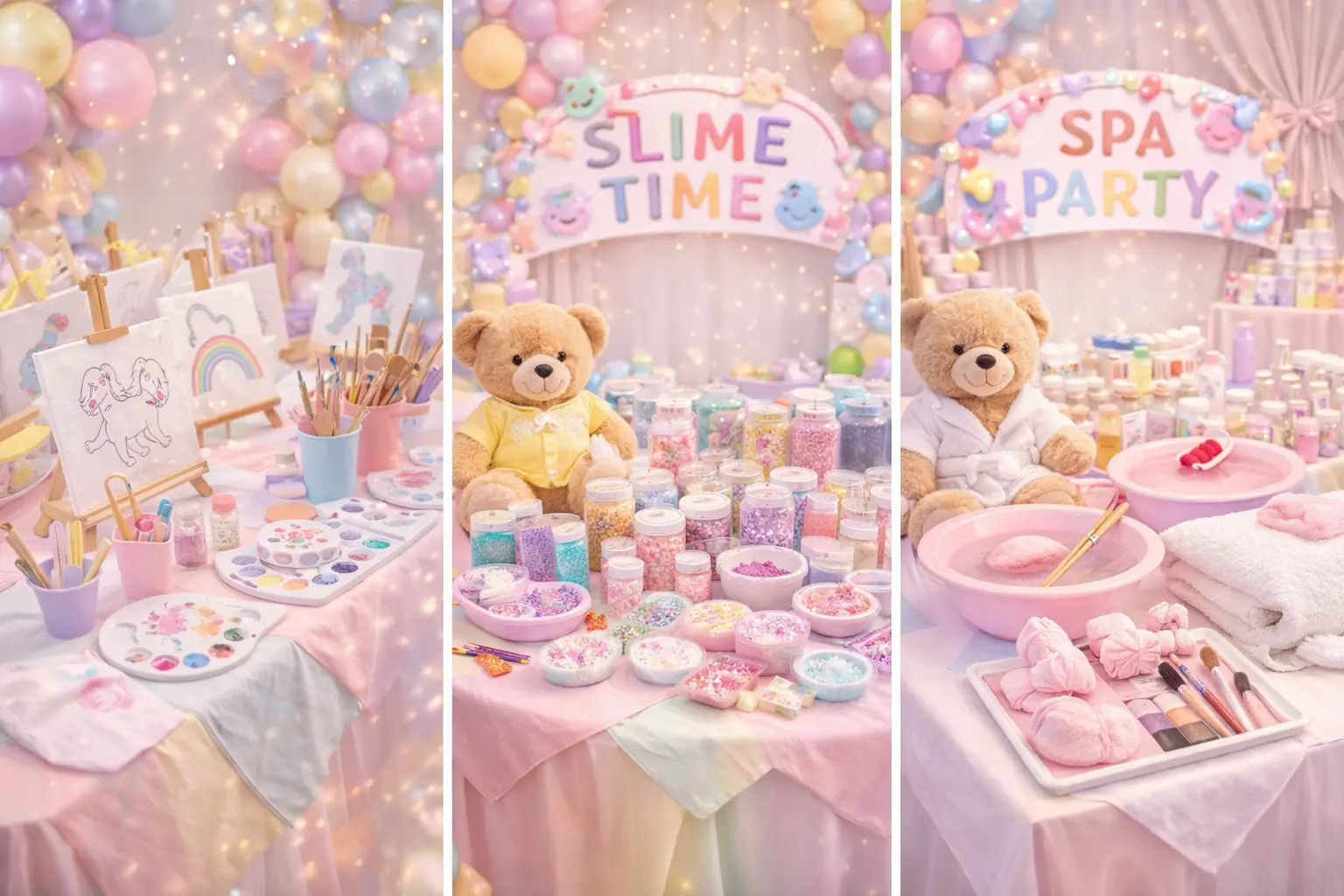 Kids party activity stations in Orlando including paint, slime and spa experiences