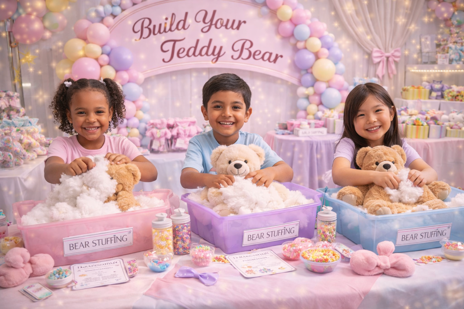 Luxury teddy bear stuffing party in Orlando with diverse kids