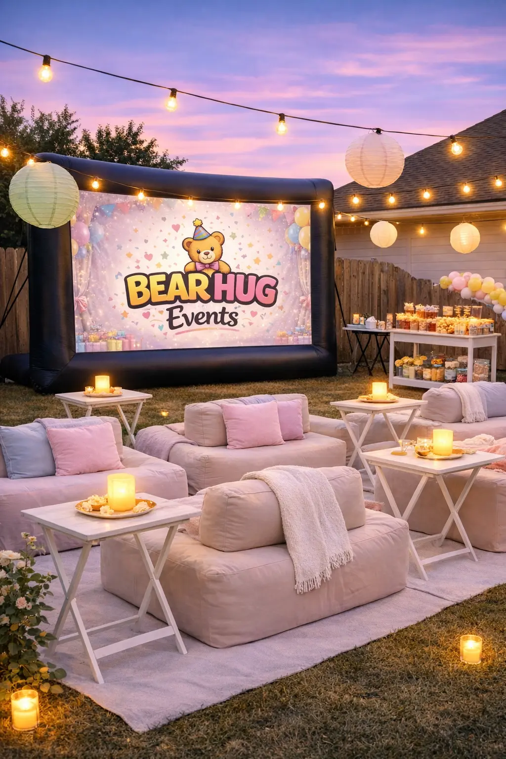 Luxury backyard movie night setup in Orlando with cozy seating and an outdoor screen
