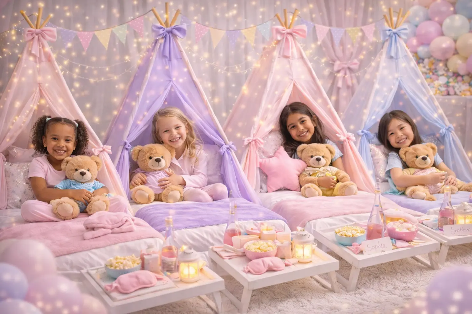 Luxury teepee sleepover party setup in Orlando